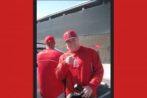 Mike Trout at Spring Training smiling and pointing at you