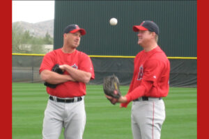 Troy Percival (left) and Jim Abbot conversing at Angels Spring Training, possibly about sticky wickets.