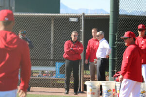 Arte Moreno, Rob Manfred and Billy Eppler at Angels spring training