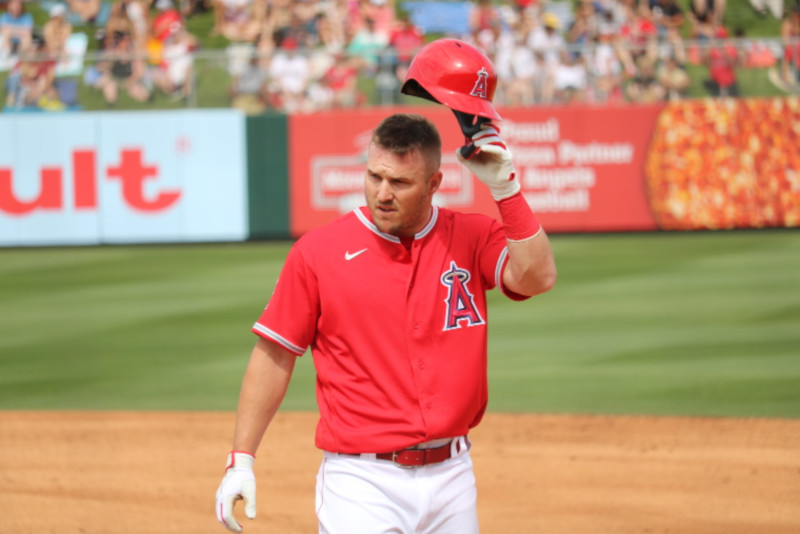 Mike Trout doffing his batting helmet