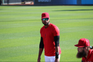 Jo Adell looking at Brandon Marsh- spring training 2022