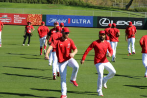 Anthony Rendon right and Jared Walsh left doing spring training stretches