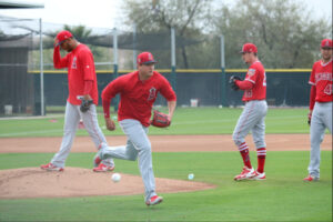 Garrett Richards doing pitcher fielding proactice at spring training 2018