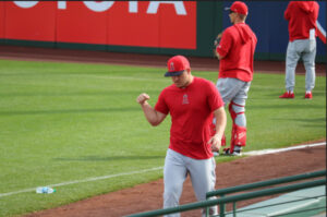 Mike Trout looking downward while making a fist March 2, 2019