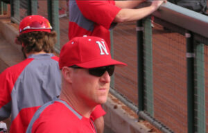 Darrin Erstad at Angels spring training in a Nebraska cap.