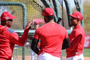 Ron Washington instructing Angels at spring training March 21, 2025. All wearing red tops.