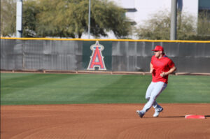 Mike Trout rounding second base at spring training 2025