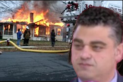 Perry Minasian's head superimposed over Disaster Girl Meme.